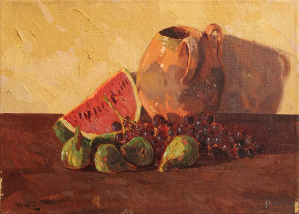 Angiolo Volpe - Natura morta, Frutta e vasellame, olio su tela, cm 50 x 70.