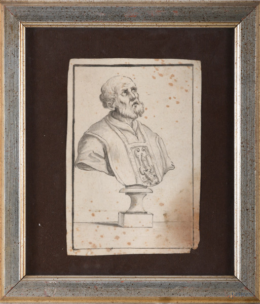Disegno a tecnica mista su carta raffigurante busto di cardinale, fine del XVIII inizi del XIX secolo, cm 20,5x13,5 entro cornice, (difetti, gore e segni di umidità)