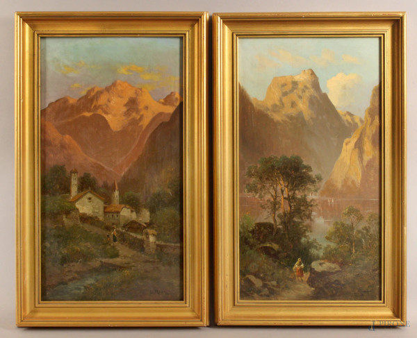 Coppia di paesaggi montani con figure, olio su tavola, cm. 45x25, firmati, entro cornici.