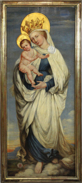 Pittore del XIX secolo, Madonna con Bambino, olio su tavola, cm 151,5x62, entro cornice