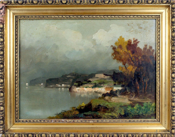 Veduta costiera, olio su tavoletta, cm 29x39, XX secolo, entro cornice