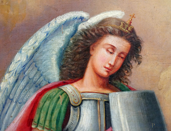 Madonna con Bambino tra angeli, san Michele arcangelo e san Zeno, XIX-XX secolo, olio su tela, cm...