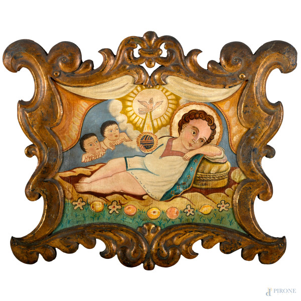Bambinello disteso, olio su tavola, inizi del XX secolo, cm 55x67