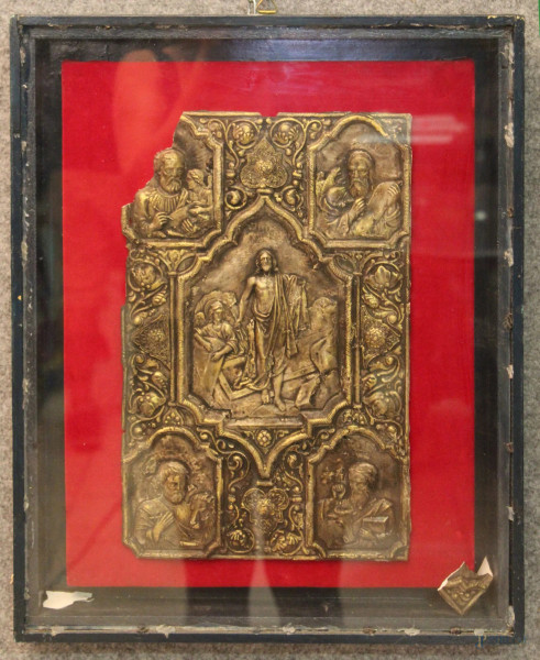 Resurrezione, placca in bronzo sbalzato e cesellato, XVIII sec, entro cornice, 36x22 cm.