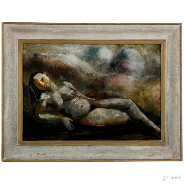 Nudo disteso, olio su masonite, XX secolo, cm 50x70 entro cornice