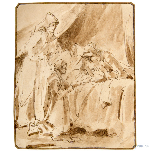 Interno con figure, XIX secolo, tecnica mista su carta, cm 20,5x16,5, (lieve usura)