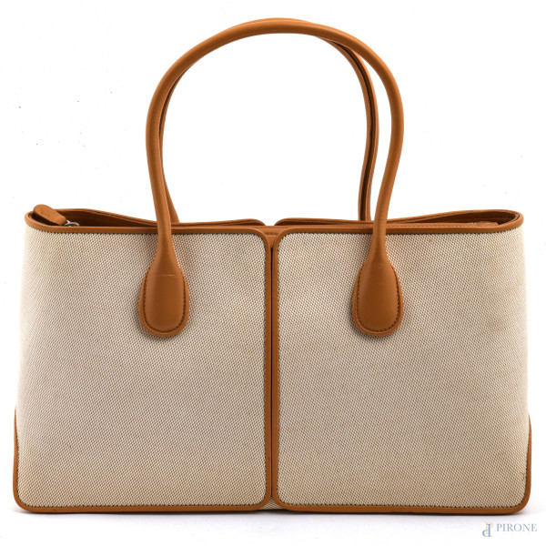 Borsa in tessuto e pelle Tod's con doppia tracolla, cm 20x34,5x14
