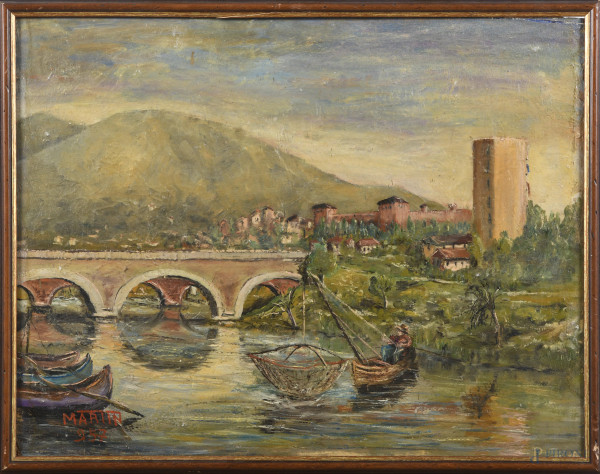 La pesca, XX secolo, olio su faesite, cm 38x50, firmato in basso a sinistra, entro cornice, (segni di usura, difetti)