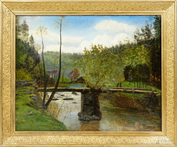 Scorcio con fiume e case, olio su tela, firmato in basso a destra, cm 43,5x55, entro cornice.