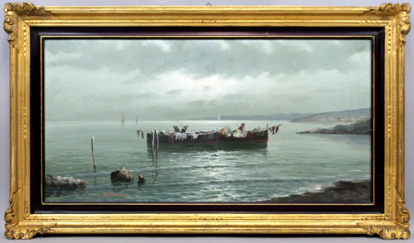 Vincenzo D'Auria - Scorcio di costa con pescatori, olio su tela, cm 50x100, entro cornice
