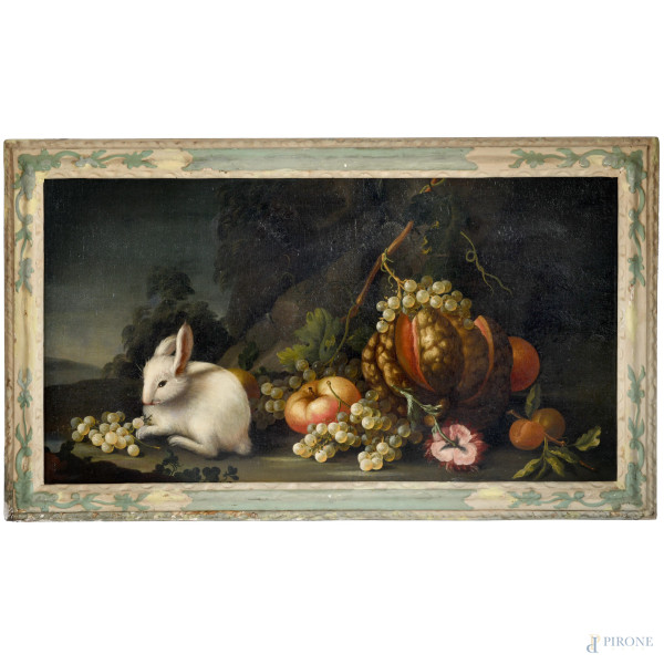 Scuola Napoletana del XIX secolo, Natura morta con coniglio, olio su tela, cm 53x96 entro cornice, (ondulazioni della tela e sollevamenti di colore)
