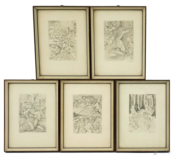 Cinque stampe raffiguranti scene erotiche, cm 22,5x16,5, XX secolo, entro cornici.