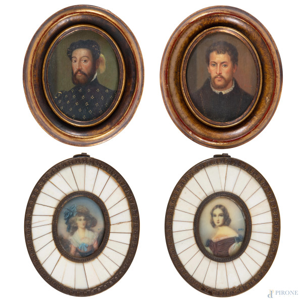 Lotto di quattro miniature, XX secolo: due figure virili ad olio su rame e due figure femminili ad olio su porcellana, misure massime cm, 9,5x8, entro cornice