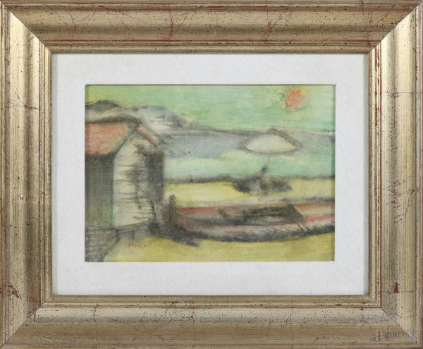 Spiaggia in estate, XX secolo, tecnica mista su cartone, cm 28x38, firmato in basso a sinistra, entro cornice