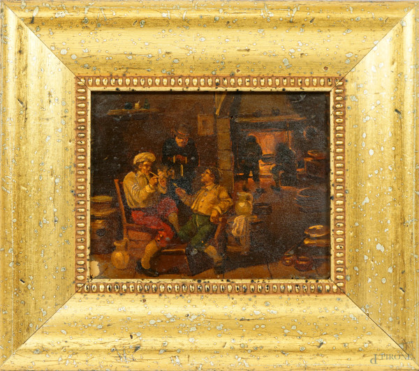 Pittore olandese della fine del XIX secolo, Interno di osteria, olio su tavoletta, cm 12,1x15,5, entro cornice