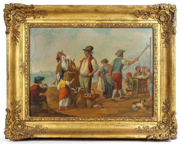Mercato al porto,olio su rame, cm 36,5x49, XIX secolo, entro cornice, (macchie).
