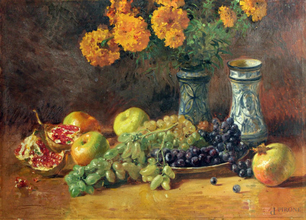 Natura morta, frutta, vasellame e fiori, olio su tela, cm. 50x70, firmato.