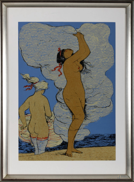 Salvatore Fiume(Comiso, 1915 – Milano, 1997), Odalisca, litografia su lamina, cm 69x49 compreso passepartout entro cornice, firmato in basso a destra, esemplare P.A.