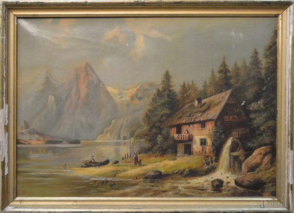 Scorcio di montagna con lago, olio su tela 44x64 cm, entro cornice.