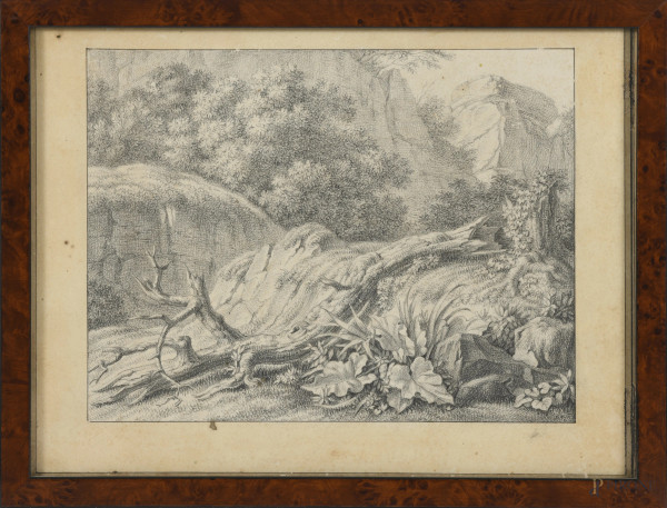 Christoph Heinrich Kniep (1755 – 1825), Tronco spezzato, grafite su carta, cm 20x27, entro cornice, (segni di usura, foxing, tracce di umidità, foro)