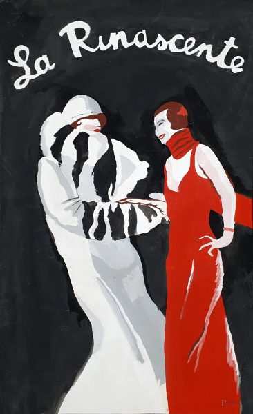 Bozzetto pubblicitario per La Rinascente, tempera su carta, XX sec., cm 28x46