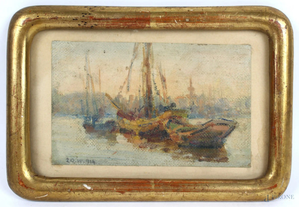 Marina con barche, olio su tela, cm.8x13, datato 1914, entro cornice.