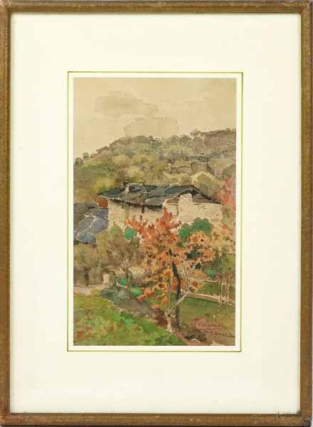 Campagna romana, acquarello su carta, cm 23x14,firmato, entro cornice.