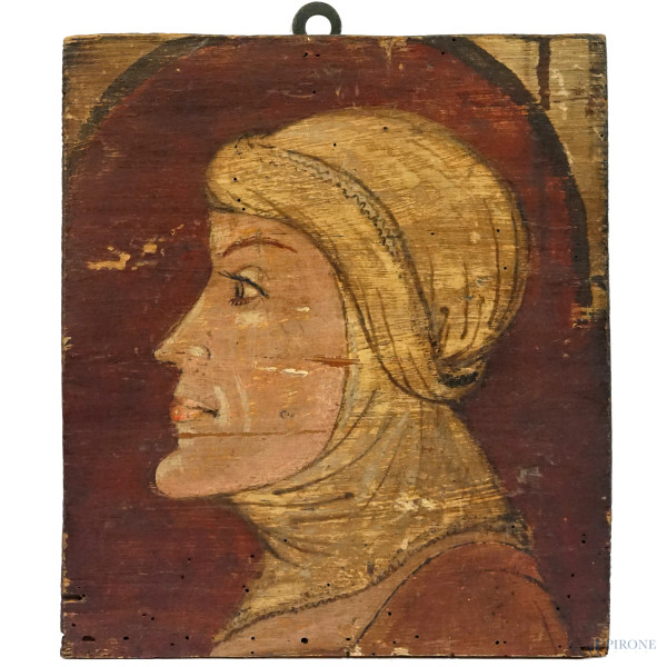 Profilo femminile, XX secolo, tempera su tavoletta, cm 24,2x21,5