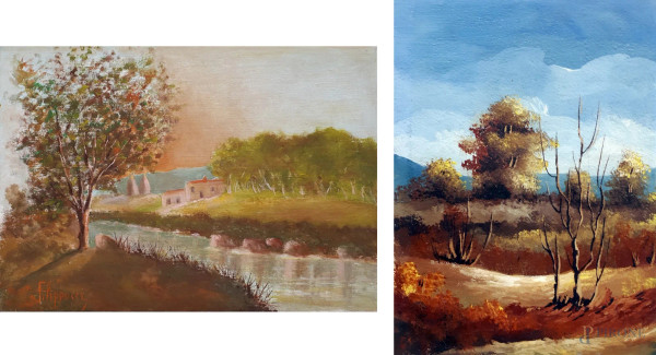 Autori vari del XX sec., &#160;Paesaggio campestre, olio su tela, cm 16x22; Paesaggio fluviale, olio su cartone telato, cm 35x25, anni 50, firmato