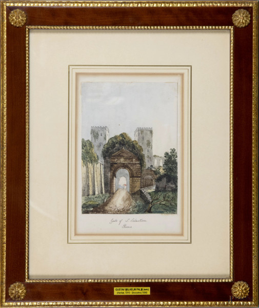 Autore del nord Europa del XIX secolo, lotto di 5 acquarelli su carta raffiguranti vedute di Roma...