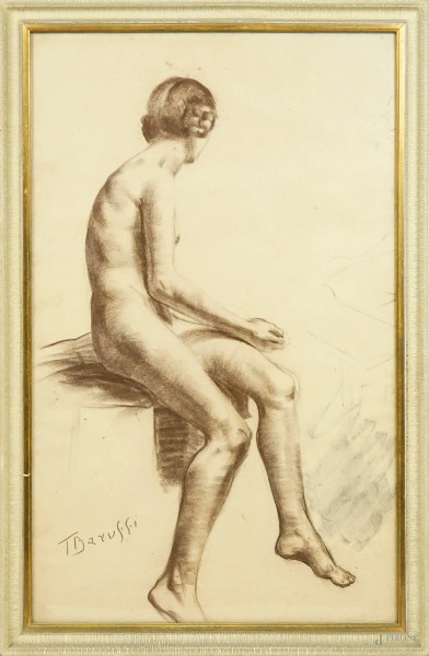 Nudo femminile, carboncino su carta, firmato in basso a sinistra T. Baruffi, cm 59x36, entro cornice