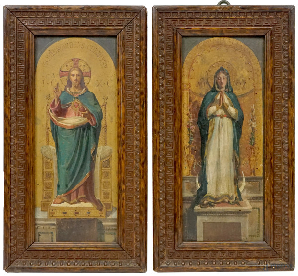 Eugenio Cisterna - Sacro Cuore di Gesù e Vergine Immacolata, coppia di bozzetti ad olio su tavoletta raffiguranti le decorazioni delle cappelle laterali della Chiesa di San Vincenzo de Paoli all'Aventino, cm 31x13,  entro cornice.