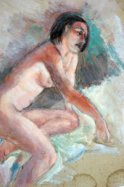 Nudo di donna, olio su cartoncino, cm 26x18, XX secolo, (macchie sulla carta).