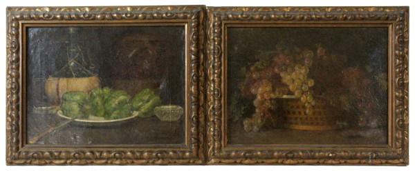 Coppia di nature morte-frutta e ortaggi, olio su tela e olio su cartone, cm 32x43, a firma G. Sala, entro cornici