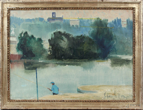 Paesaggio fluviale con pescatore, olio su tela, cm 37x50, firmato, entro cornice.