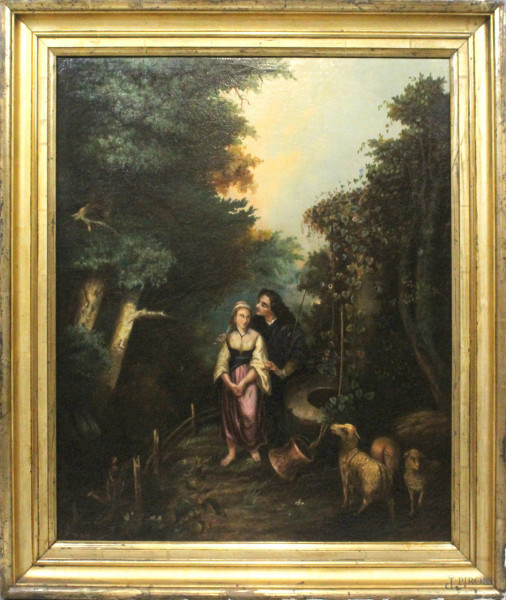 Scena romantica, olio su tela, cm 64x53,5, firmato e datato 1875, entro cornice.