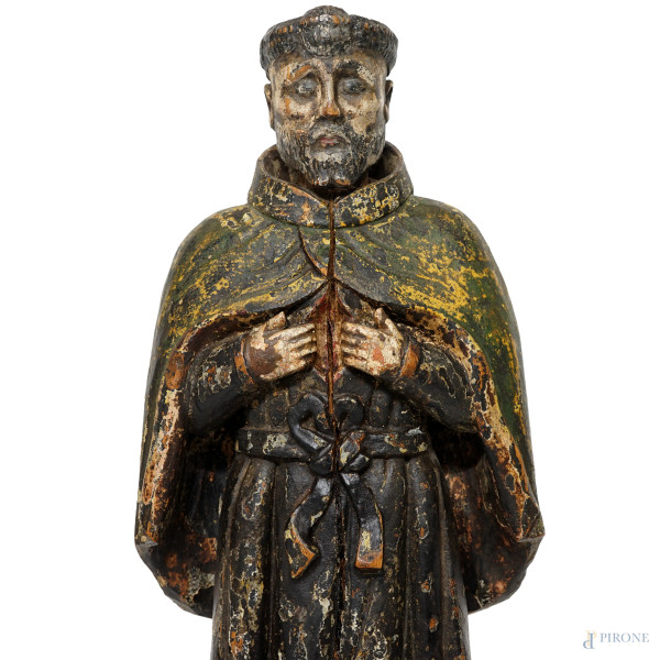 Scultura in legno policroma rappresentante San Francesco, arte iberica, XVIII secolo, altezza cm ...