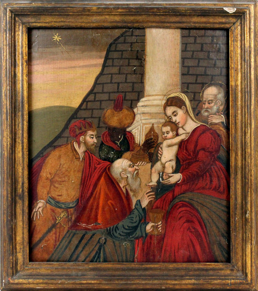 Scuola veneto-cretese, Adorazione dei Magi, antico dipinto ad olio su tavola, cm 36x30,5, entro cornice.