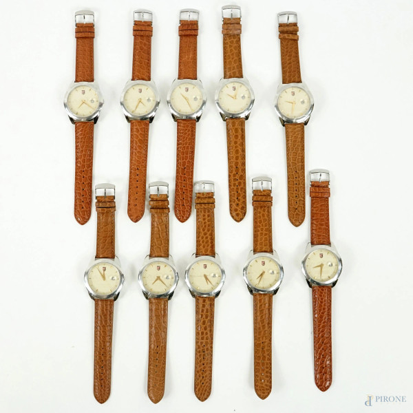 Palermo, dieci orologi da polso da uomo, cinturino marrone in cuoio, lunghezza cm 24,5, (segni del tempo, meccanismo da revisionare).