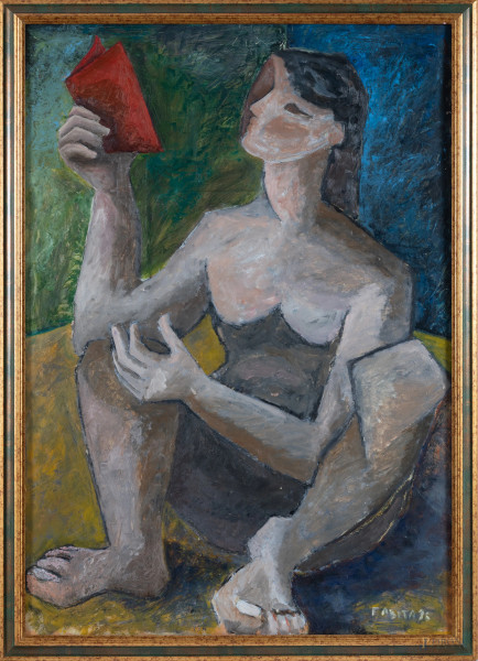 Donna con libro rosso, XX secolo, olio su cartone, cm 100x70, firmato e datato in basso a destra, entro cornice