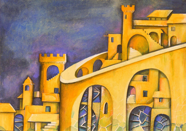 Artista del Novecento, Paesaggio fantastico con castello, tempera su carta, cm 35x25, firmato