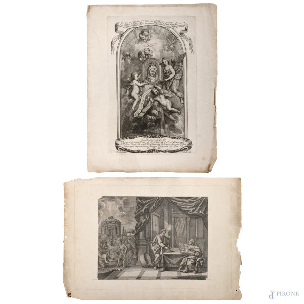 Lotto di due incisioni raffiguranti Madonna Incoronata e Scena Biblica, misura massima cm 48,5x27, (strappi, rotture, tracce di umidità)