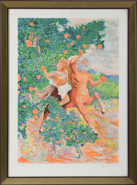 Aligi Sassu (1912-2000), Senza Titolo, litografia es XXI/CL, cm 83,5x60, firmato in basso a destra, tiratura in basso a sinistra, entro cornice