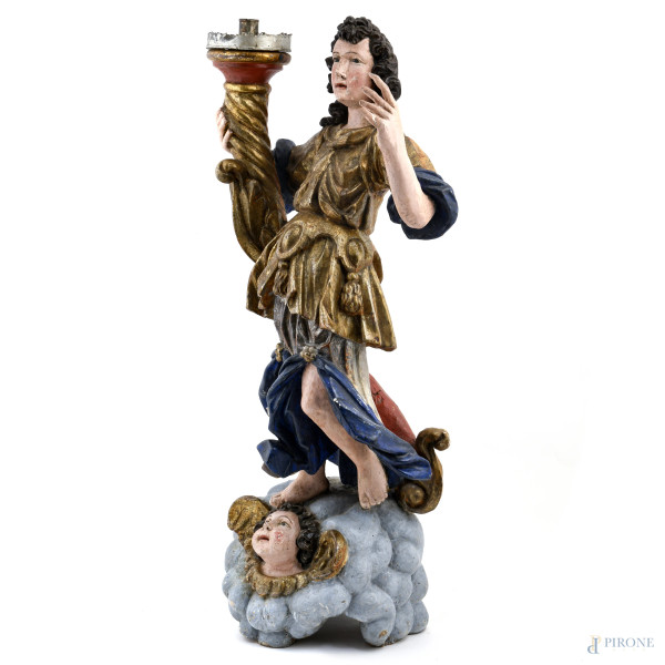 Coppia di angeli reggicero in legno dipinto e dorato, XVIII secolo, altezza cm 74, (segni di usur...