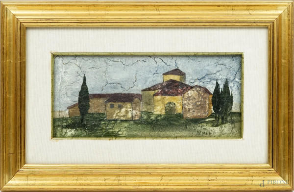 Vecchia cascina, tecnica mista su carta, cm 16x33, firmato, entro cornice, (difetti)