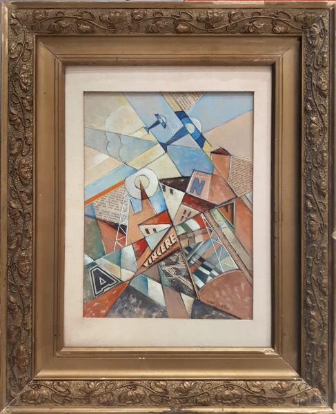 Ugo Scotto (XX sec.)Aeropittura, tecnica mista su tavola, cm 28x21, firmato in basso a destra, co...