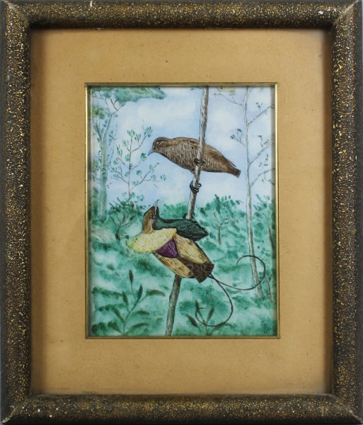 Ramoscello con uccellini, ceramica dipinta, cm. 23x18, anni &#39;40, entro cornice.