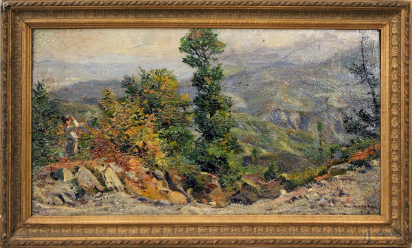 Alfredo Vaccari - Passeggiata tra i monti, olio su tavola, 28x50 cm, entro cornice datato 1918