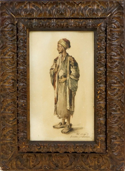 Giuseppe Ferrari - Mendicante arabo, acquarello su carta, cm 50x30, entro cornice.