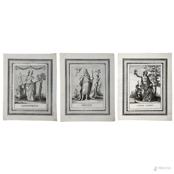 Lotto di tre incisioni raffigurante Iuppiter Hammon, Nicostrata, Proteus, XVIII-XIX secolo, cm 37x30,  (segni di usura, tracce di umidità, gore, foxing, lacerazioni della carta, tracce di piegatura)
